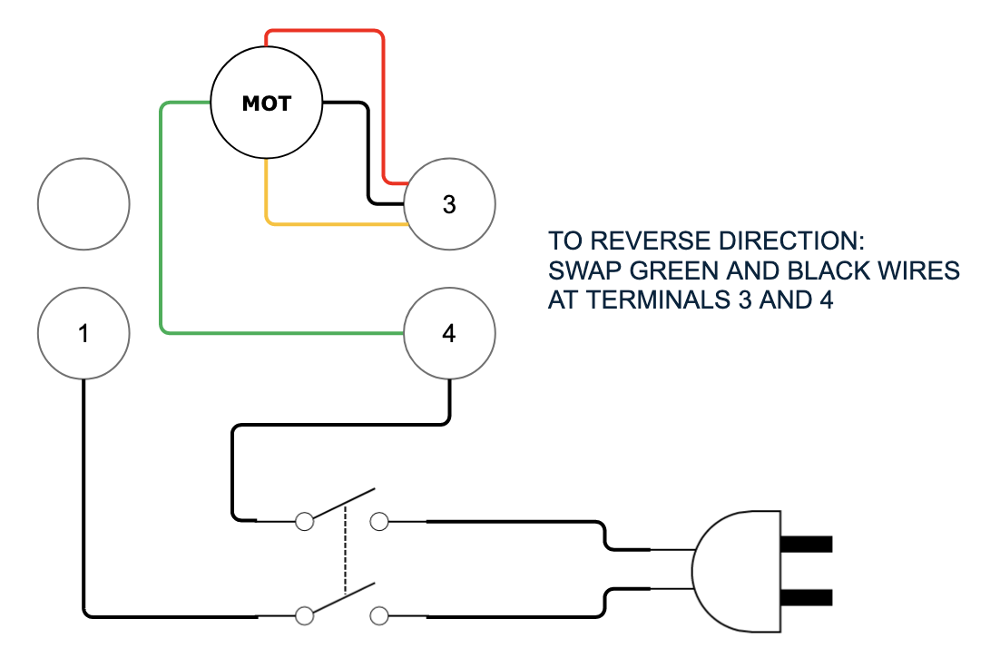 Wiring Diagram showing four wires from inside of motor connecting to terminals 3 and 4. Swap Black and Green wires at terminals 3 and 4 to reverse.